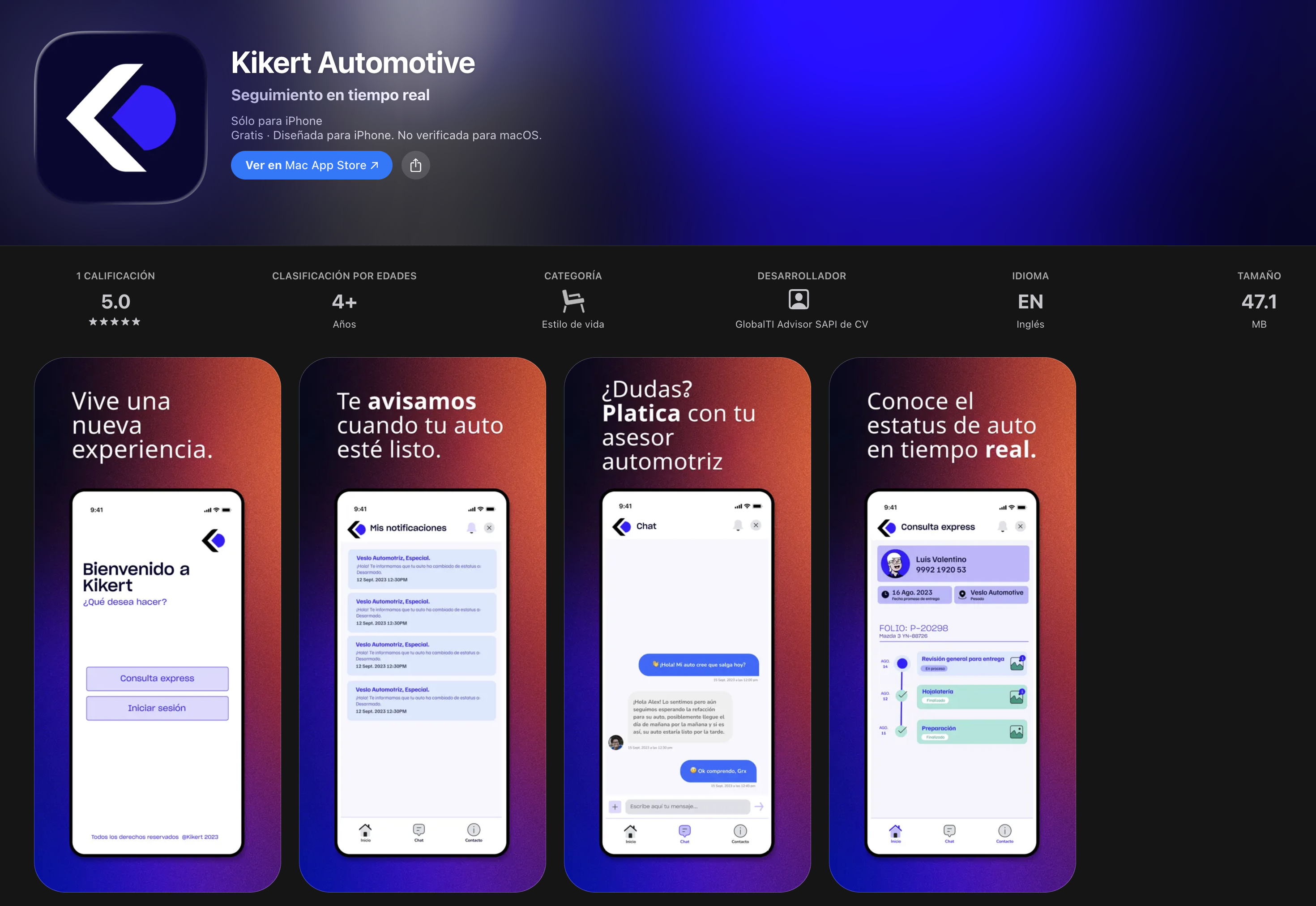 App móvil de clientes de Kikert en el taller