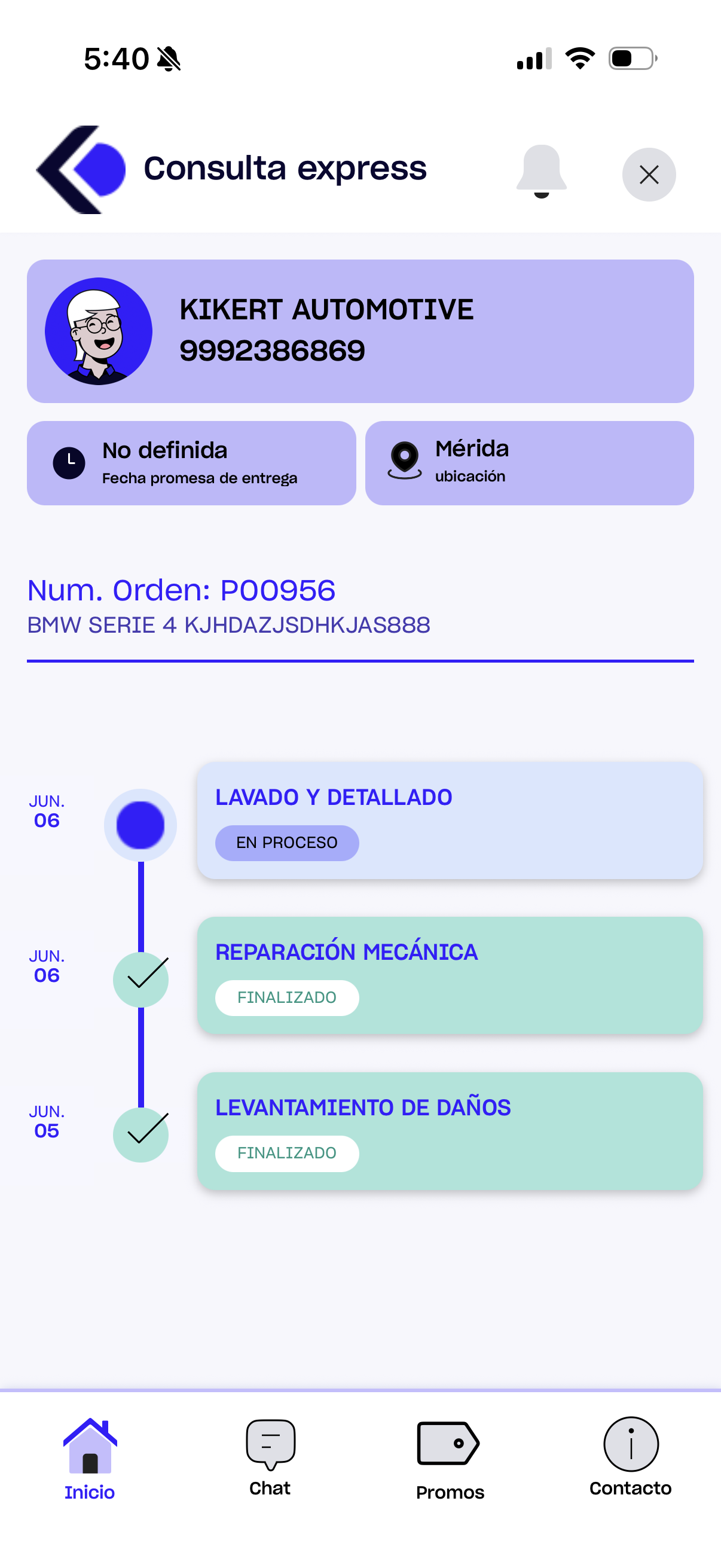 App de Kikert para clientes mostrando el estatus de reparación del vehículo en tiempo real